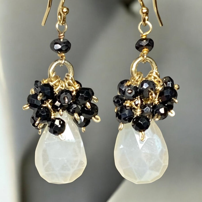 Mystic Ivory Chalcedony, Black Spinel Cluster Earrings Gold Fill