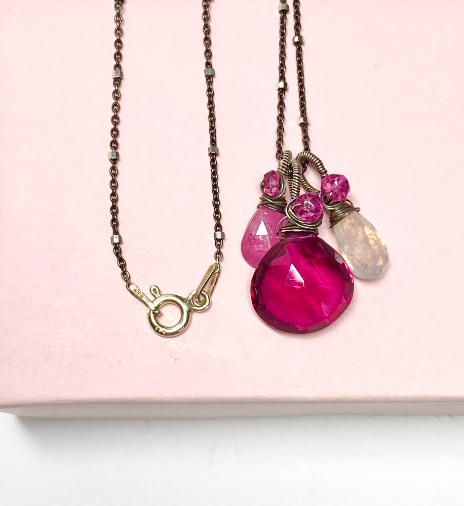 Pink Sapphire, Moonstone, Multi Gemstone Pendant, Oxidized Silver