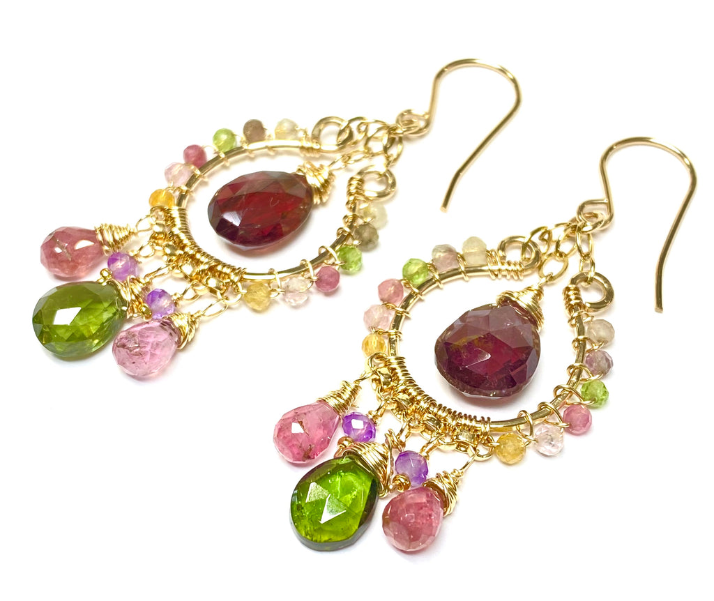 Tourmaline Gemstone Chandelier Hoop Earrings Gold Fill 3