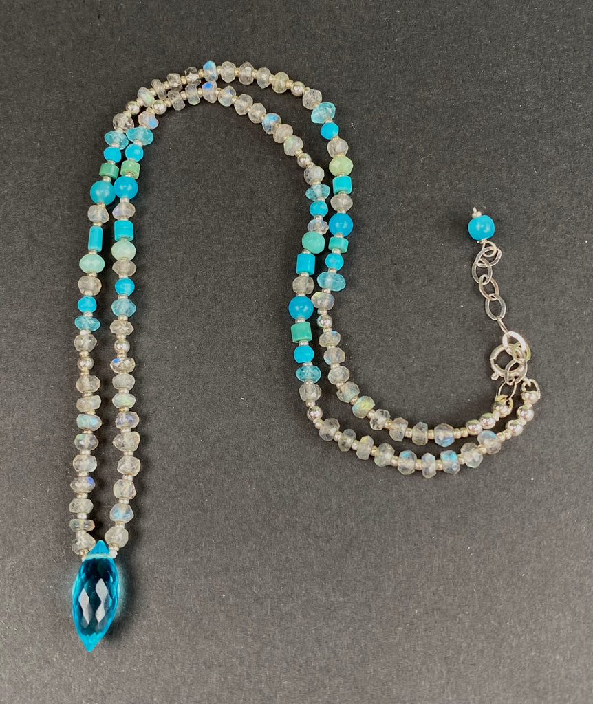 Aqua Turquoise Quartz Silk Knot Pendant Necklace:  Labradorite, Turquoise, Amazonite, Sterling Silver