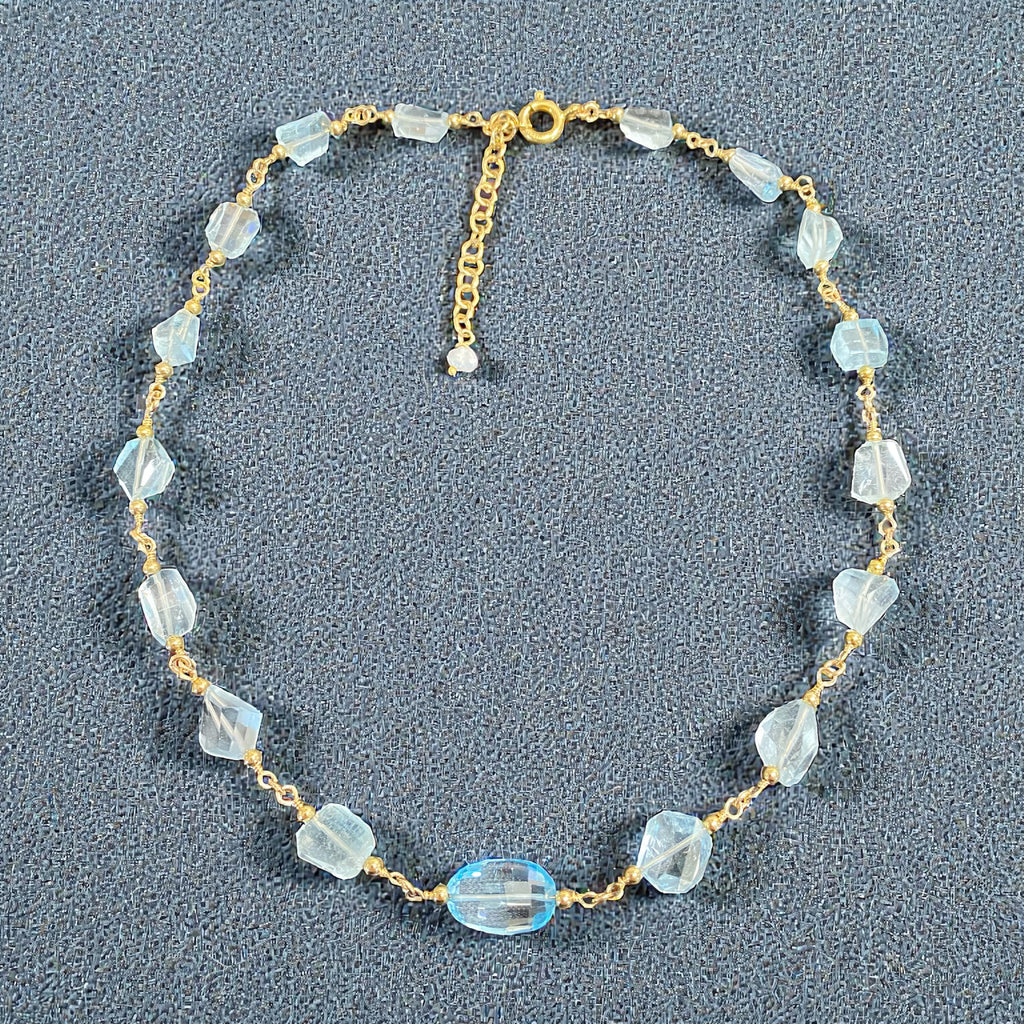 Blue Topaz and Aquamarine 14K Gold Fill Necklace Rosary Style Wire Wrap