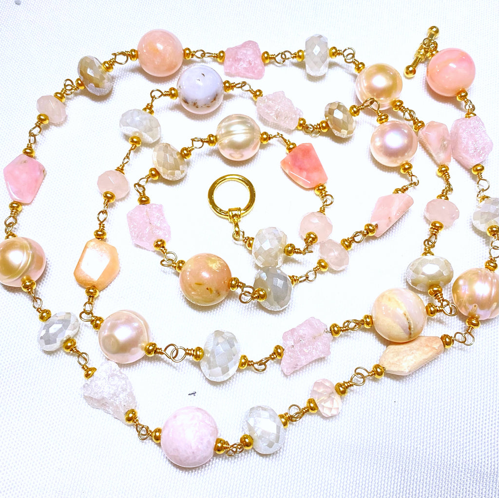 Pink Blush Gemstone and Pearl Long Necklace Gold Fill Wire Wrap