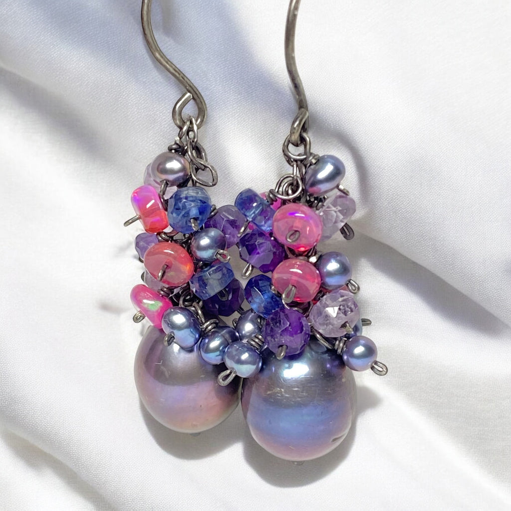 Peacock Pearl Cluster Earrings with Amethyst, Iolite and Pink Opals in Oxidized Sterling Silver