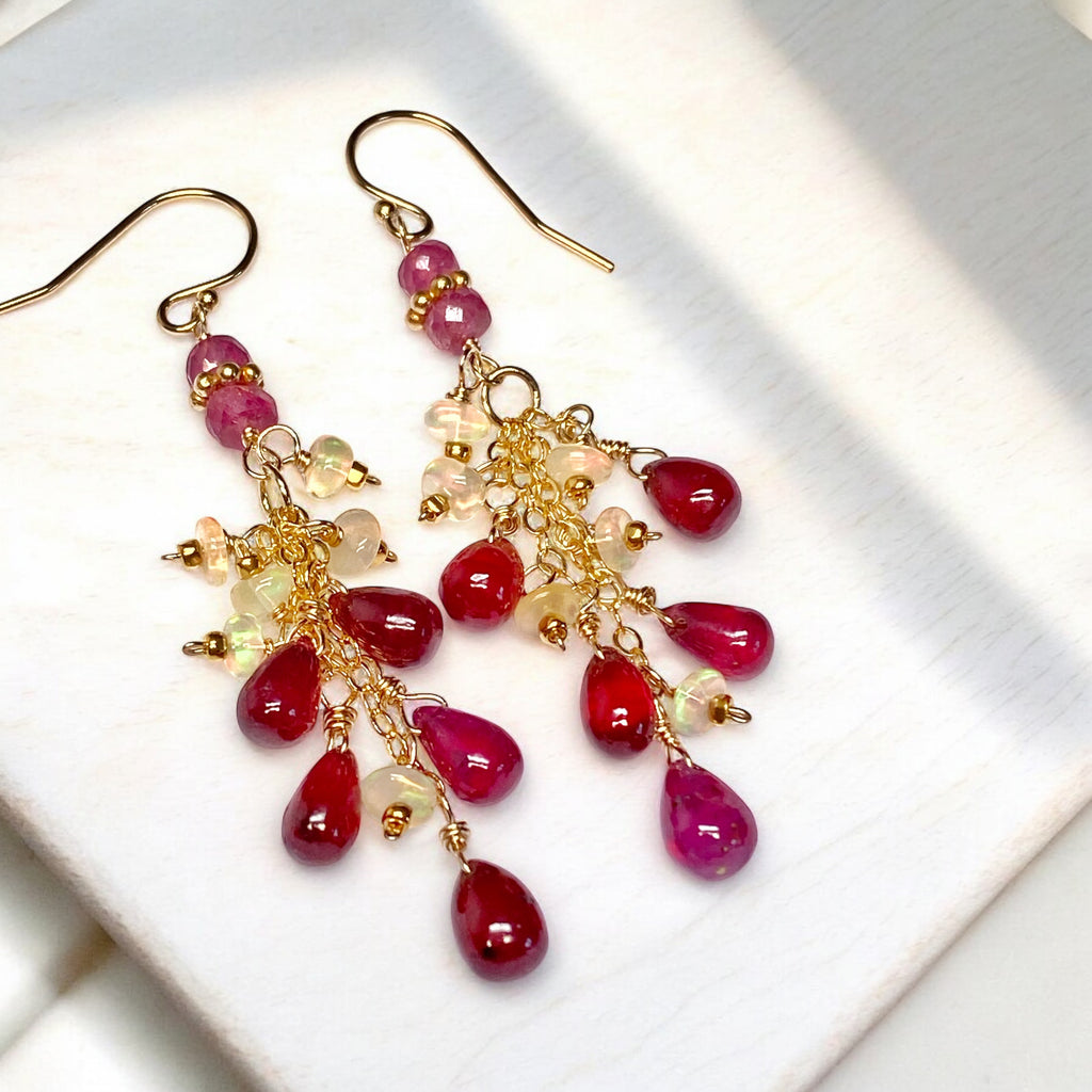 Pink Sapphire and Opal Tassel Earrings, Gold Fill