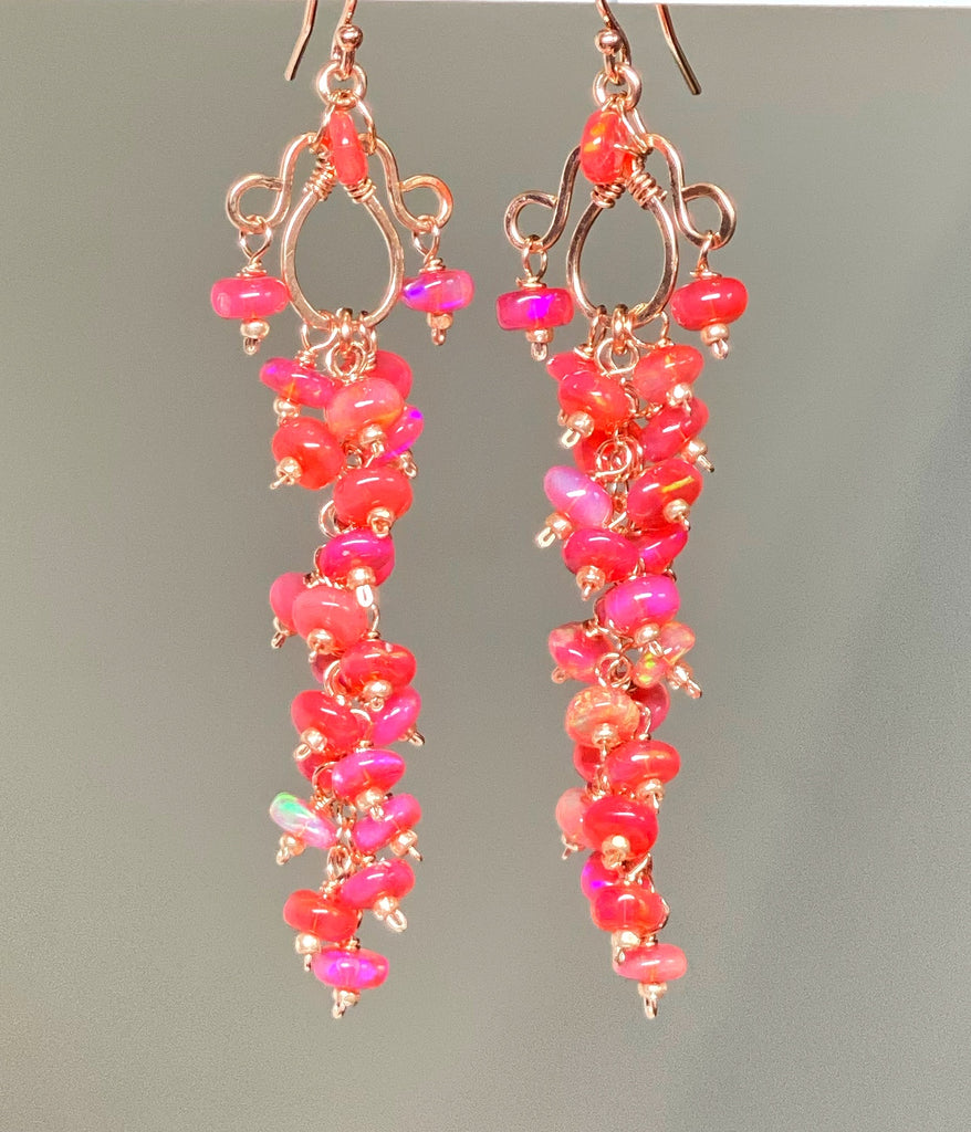 Padparadscha Ethiopian Opals Long Cluster Dangle Earrings Rose Gold 2