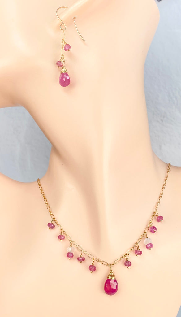 Pink Sapphire & Moonstone Necklace and Earrings Set, 14k Gold Fill