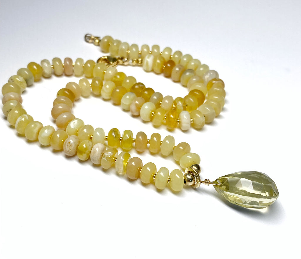 Lemon Quartz Gemstone Pendant on Yellow Opal Knotted Necklace, Gold Fill