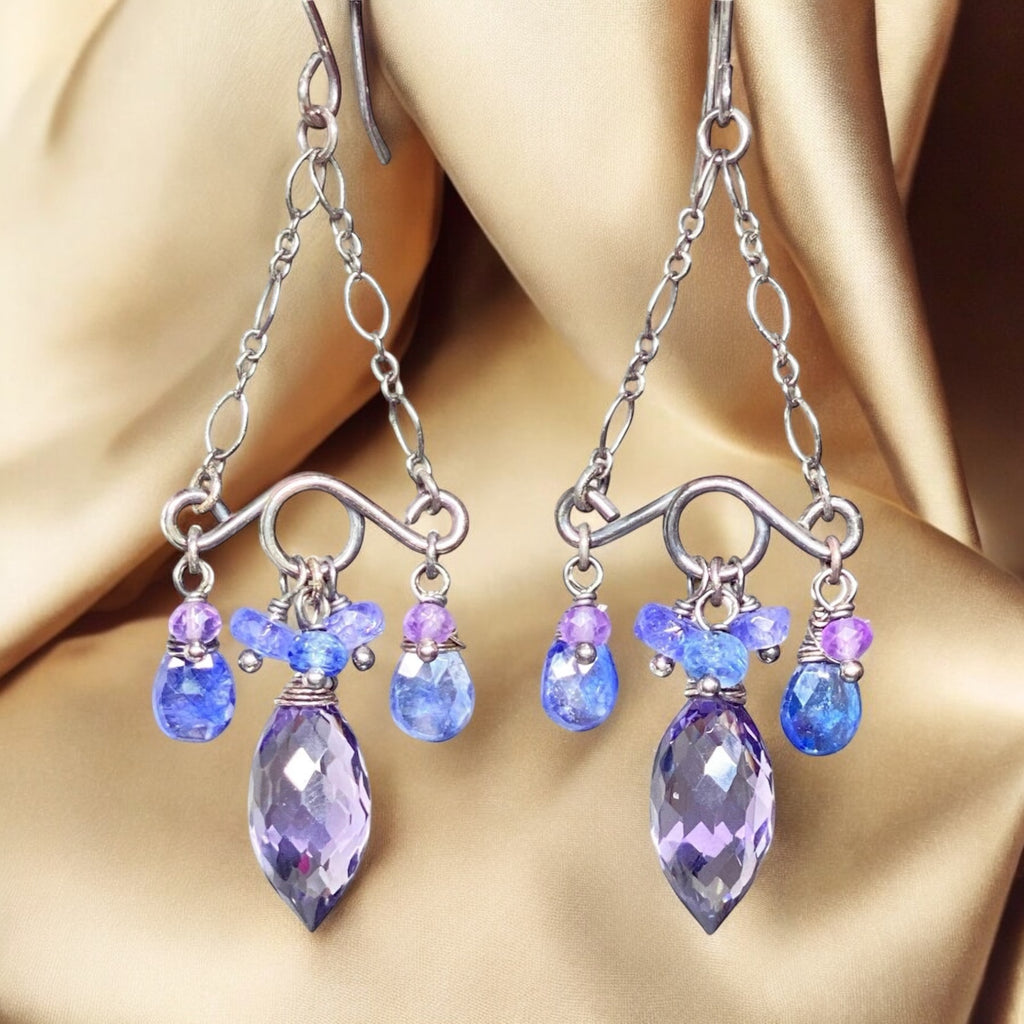 Blue Purple Gemstone Handmade Chandelier Earrings Oxidized Silver Tanzanite