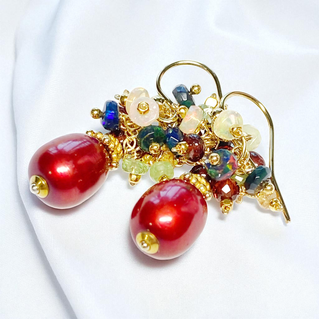 Red Pearl, Opal and Garnet Cluster Earrings Gold Fill 2