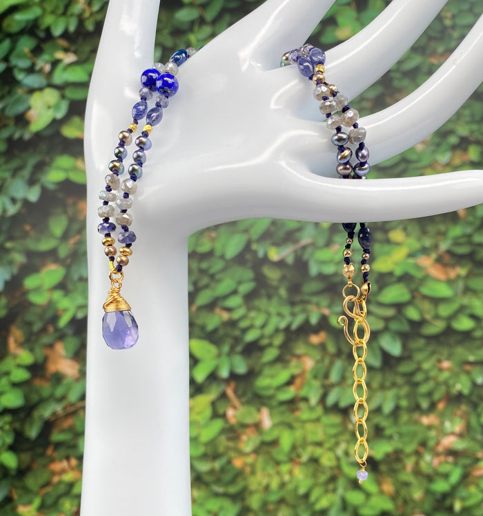 Blue Iolite Pendant Silk Knot Necklace: Mystic Labradorite, Pearl, Iolite, Blue Lapis, Gold Fill