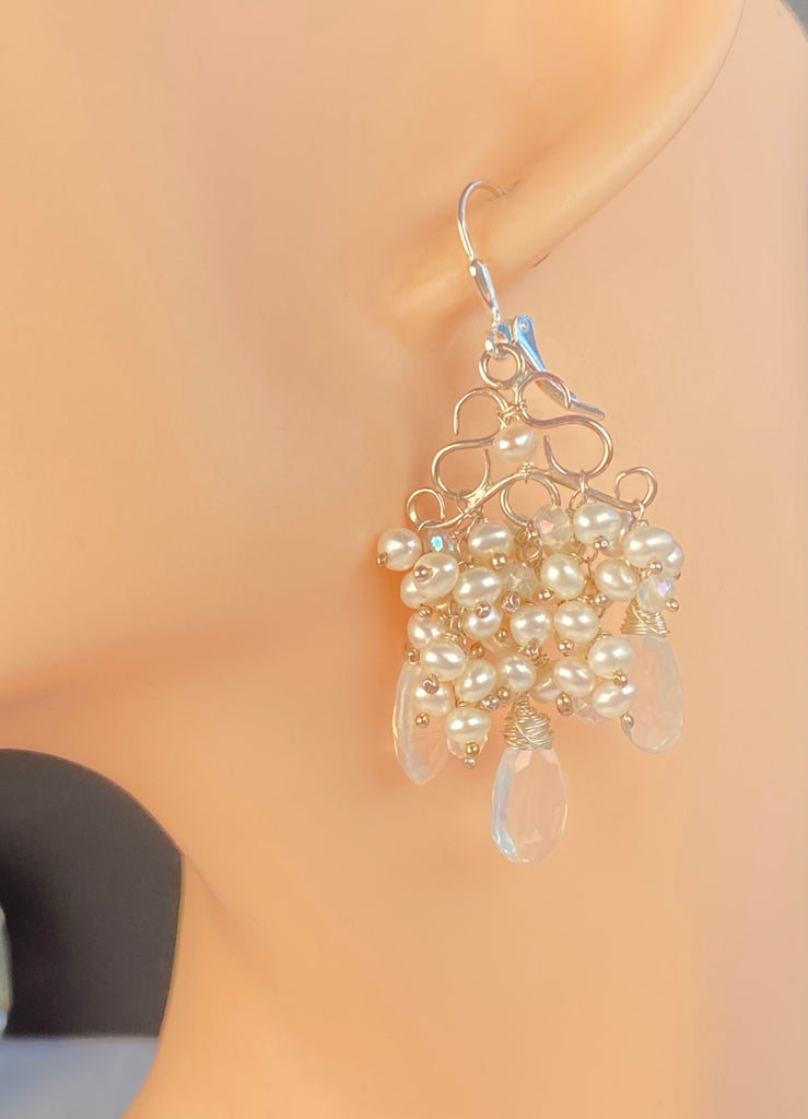 Ivory Pearl & Ice Quartz Chandelier Earrings Sterling Silver - Doolittle