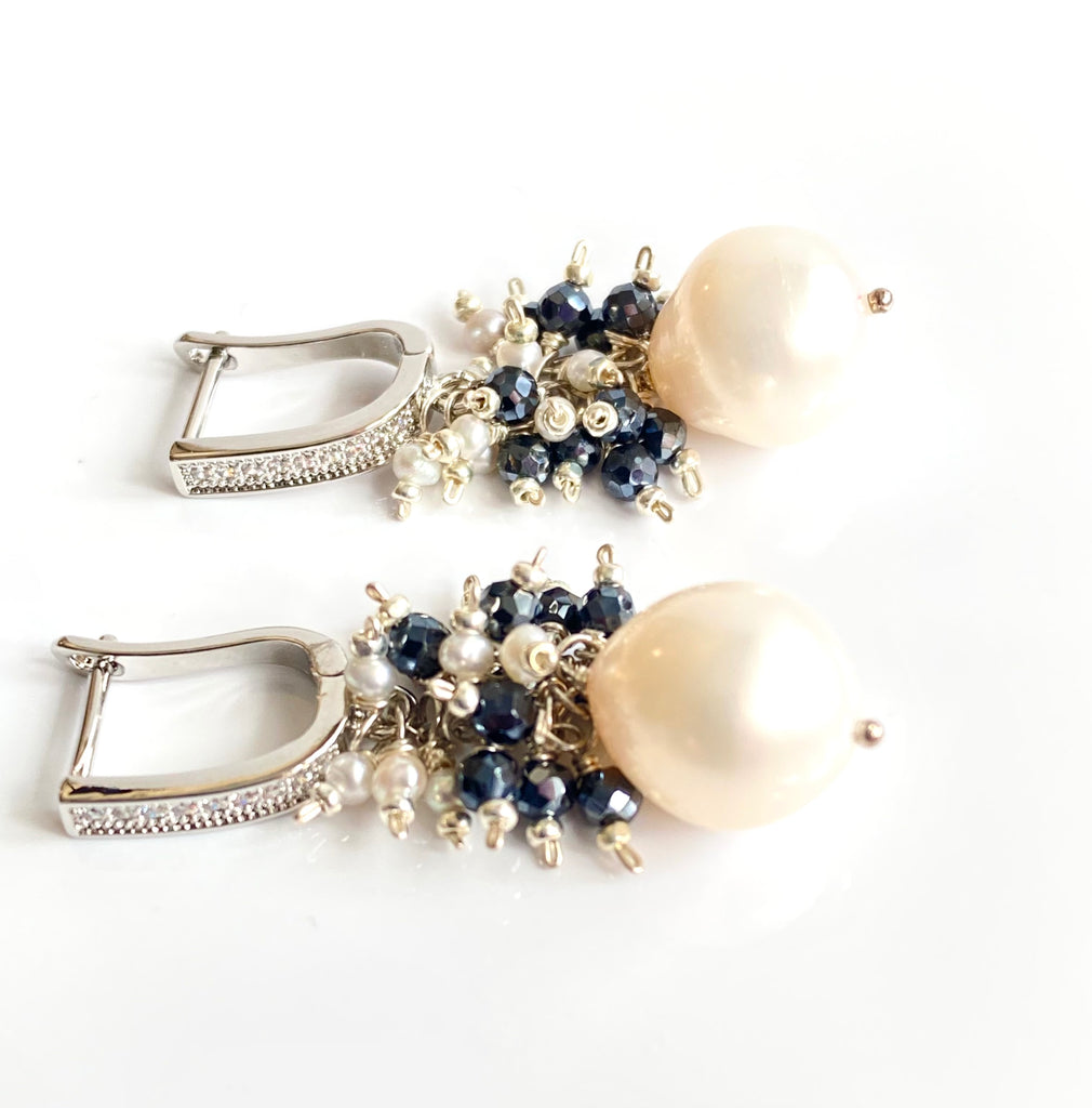 White Pearl Black Spinel Cluster Earrings Sterling Silver