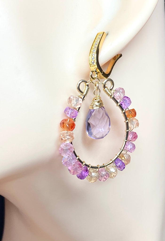 Colorful Gemstone Hoop Earrings:  Padparadscha Sapphire, Amethyst Quartz, Gold Fill, Statement Earrings - Doolittle