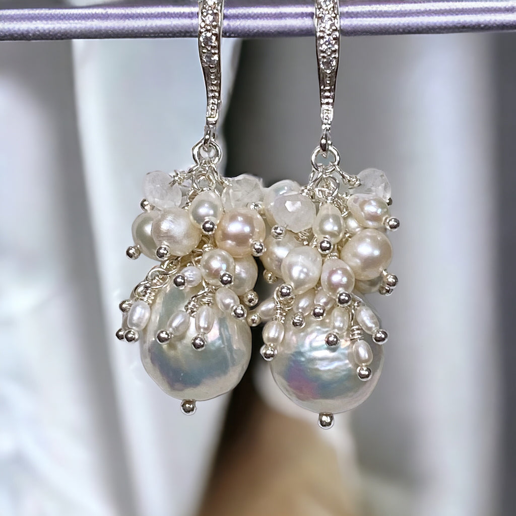 White Edison Pearl Cluster Earrings with Moonstone in Sterling Silver