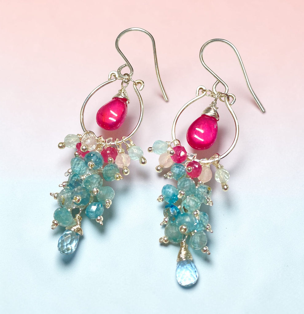 Blue Aquamarine, Natural Blue Zircon, Pink Sapphire Chandelier Hoop Earrings Sterling Silver - Doolittle