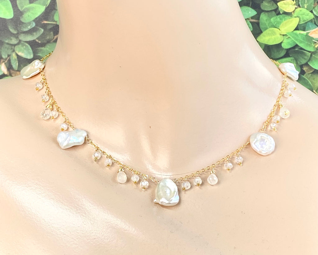 Keishi Pearl 24kt Gold Leaf Boho Dangle Necklace with Rainbow Moonstone