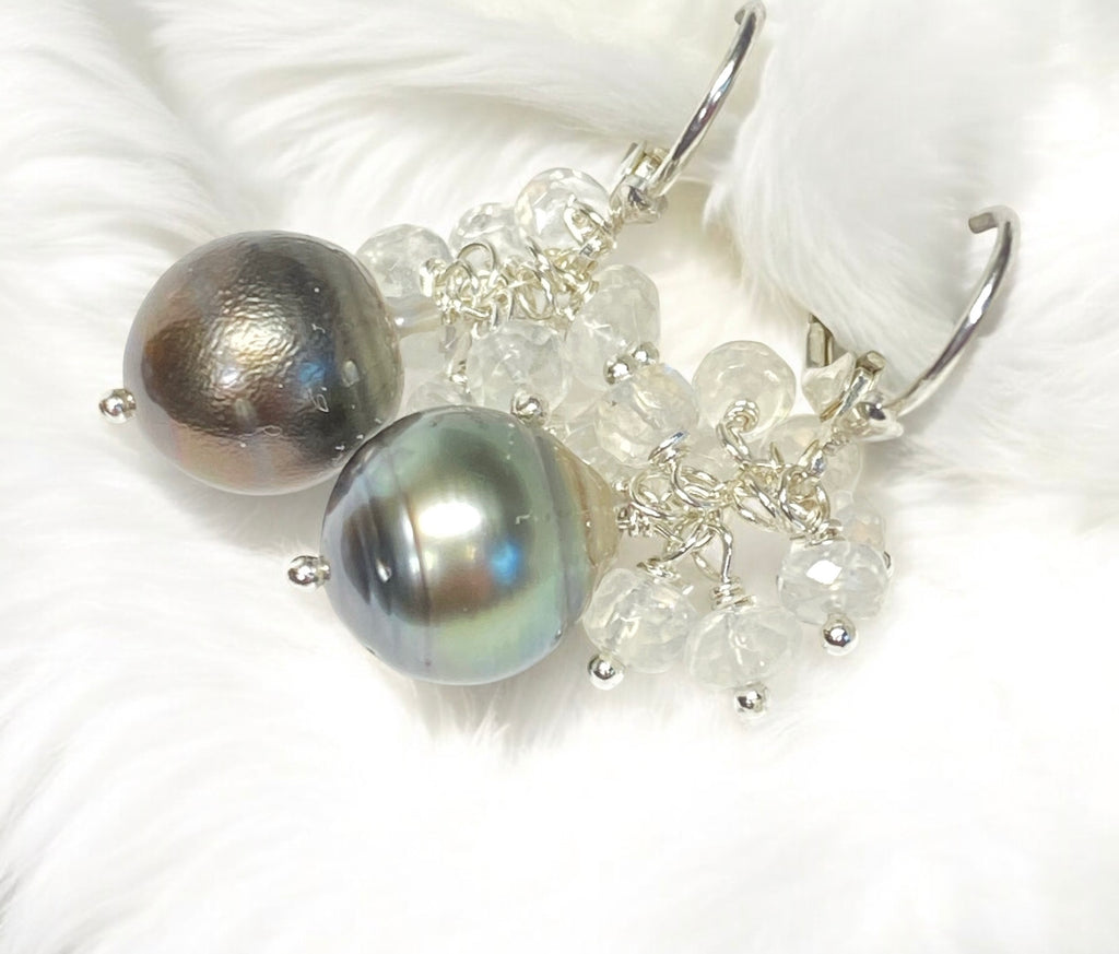 Tahitian Pearl Moonstone Cluster Earrings Sterling Silver