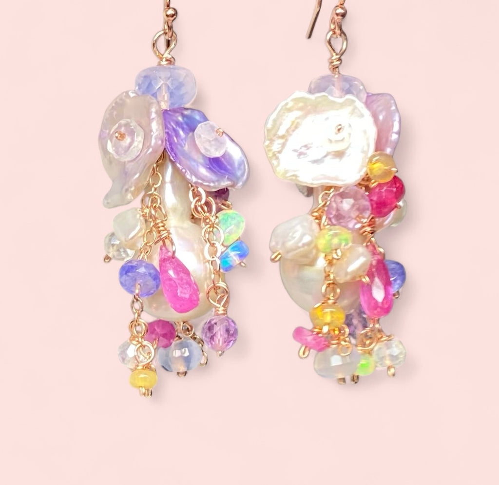 Flameball Pearl and Multicolor Gemstone Chain Dangle Earrings Rose Gold