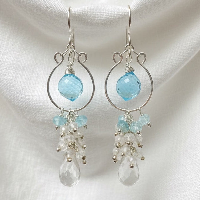  Handcrafted blue topaz quartz and blue zircon chandelier hoop earrings, approximately 2 3/8 inches long