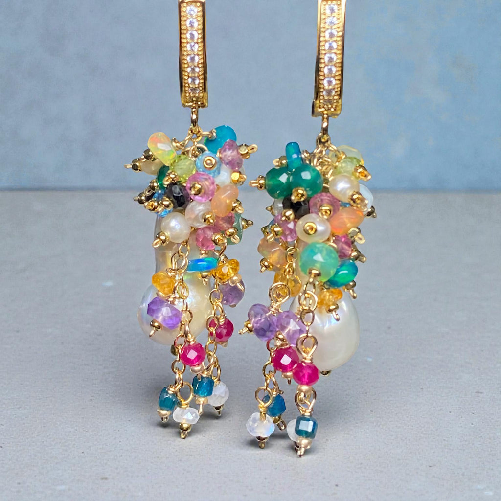 Baroque Flameball Earrings Multi Gemstone Cluster, Gold fill