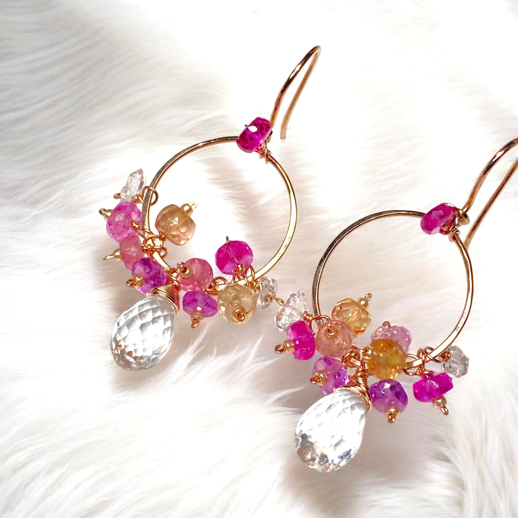 Padparadscha Sapphire Hoop Earrings Rose Gold Fill — Crystal Quartz Herkimer Diamond - Doolittle