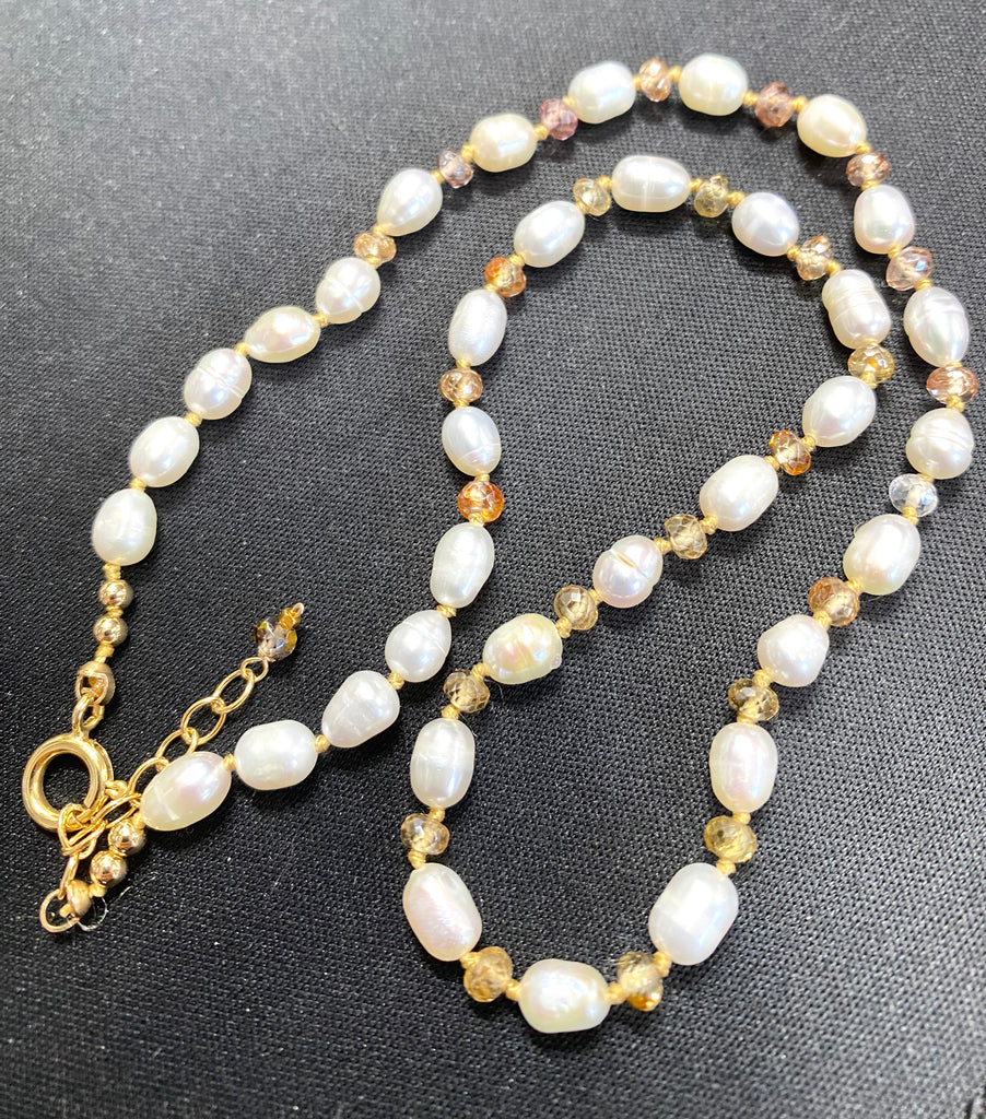 Pearl Necklace with Natural Zircon Gemstones, Silk Knotted, Gold Fill