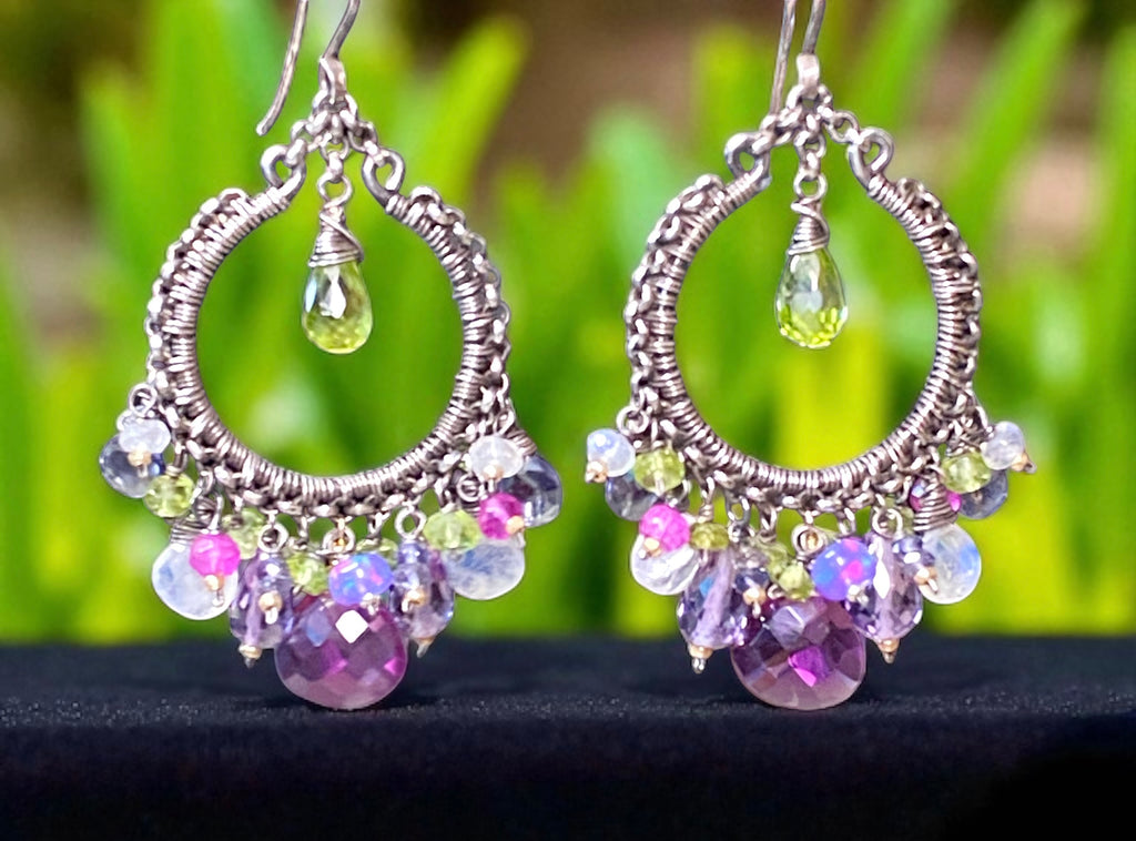 Multi Gemstone Chandelier Hoop Earrings - Peridot Lavender Violet