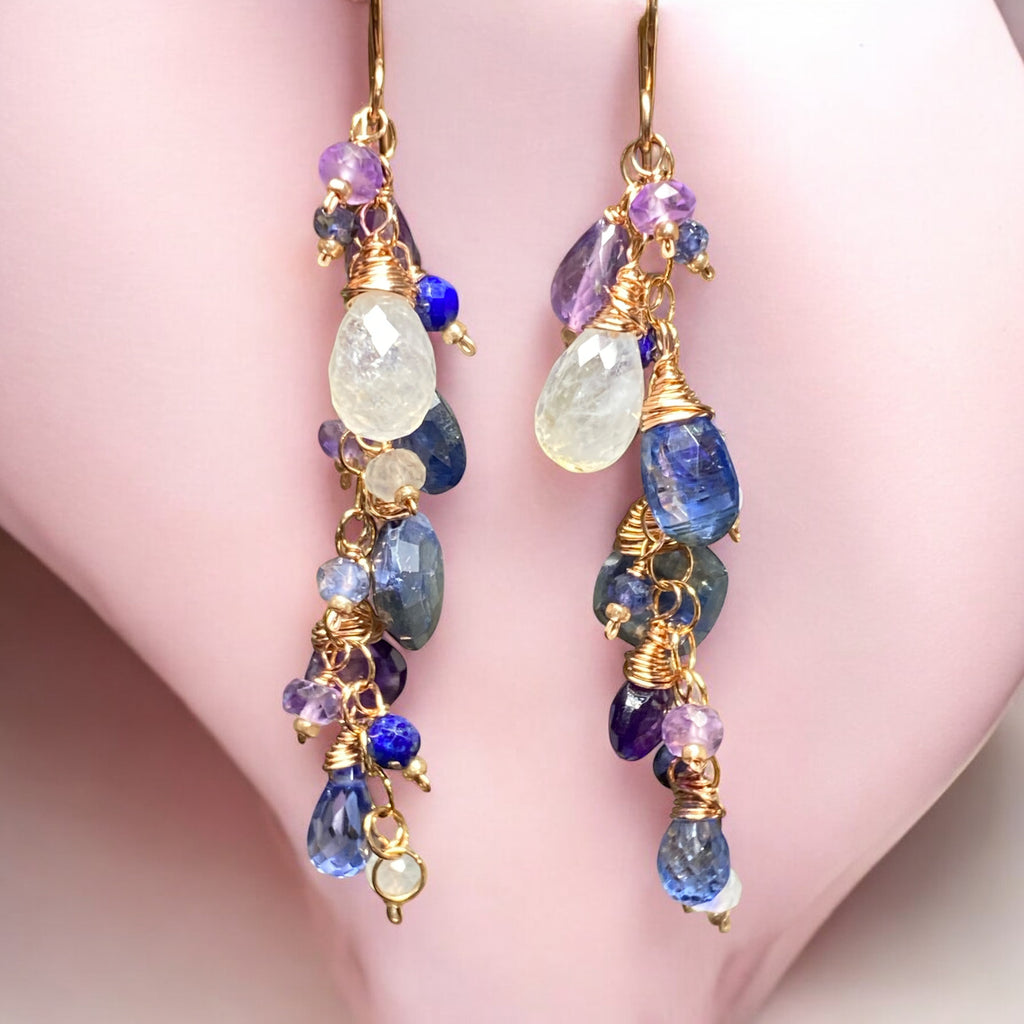 Rose Gold Boho Dangle Earrings with Kyanite, Amethyst & Moonstone | Handmade Gemstone Jewelry