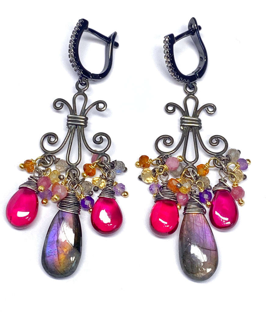 Purple Labradorite and Rubellite Chandelier Earrings in Mixed Metals