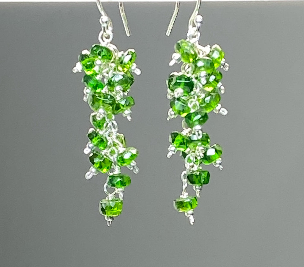 Green Chrome Diopside Gemstone Dangle Cluster Earrings Sterling Silver