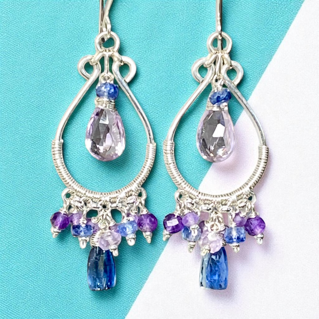 Blue Kyanite and Purple Gemstone Hoop Chandelier Earrings