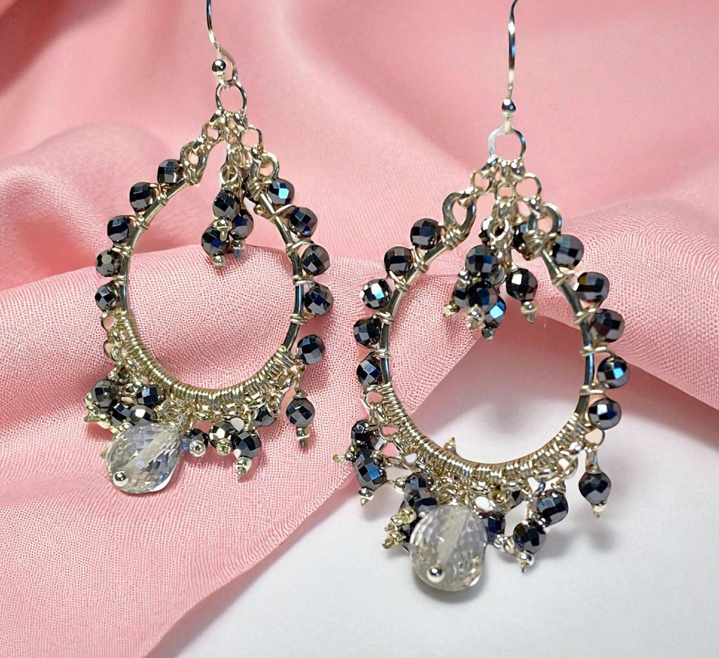 Black Gemstone Chandelier Hoop Earrings Sterling Silver