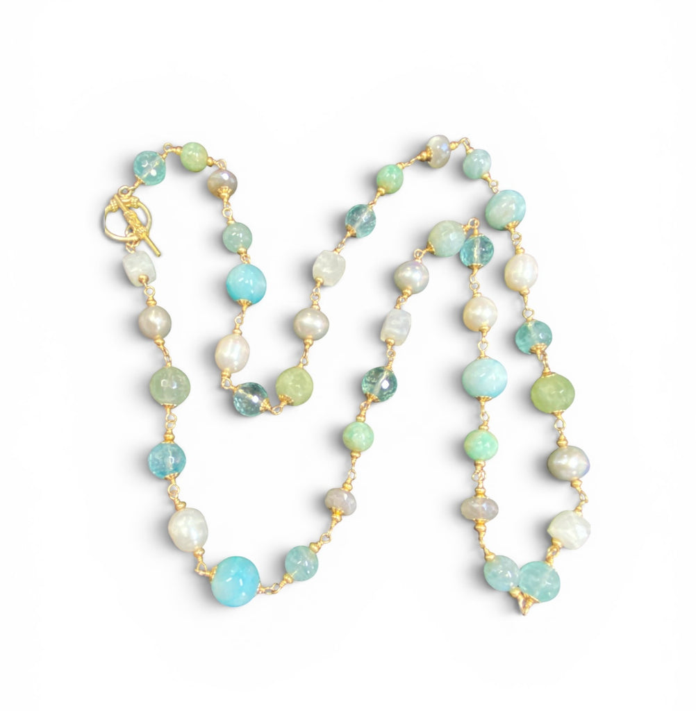 Aquamarine Pearl Long Wire Wrap Necklace Gold Moonstone