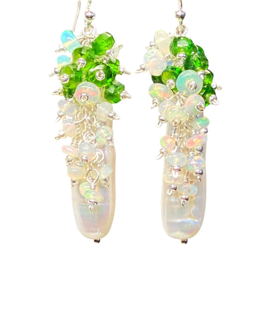 White Biwa Pearl with Chrome Diopside, Opal Clusters, Sterling Silver