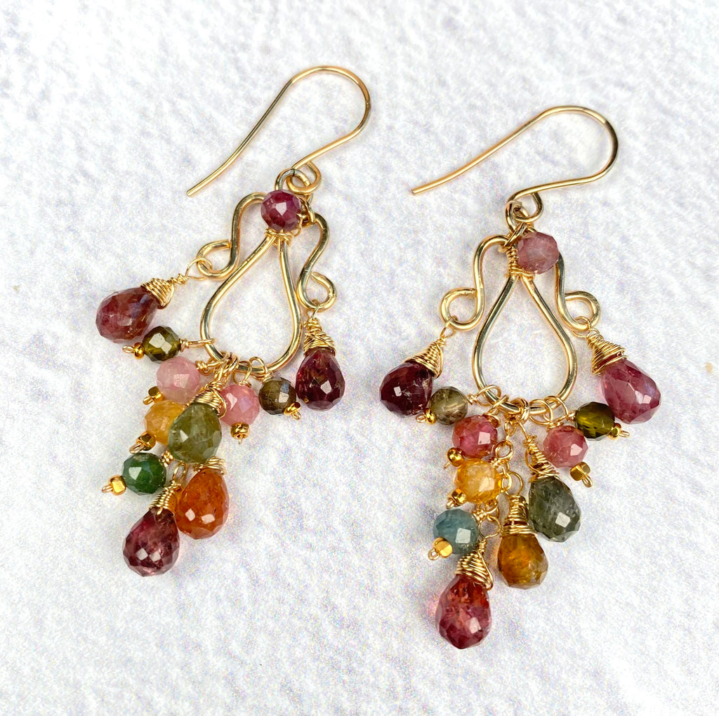 Autumn Tourmaline Chandelier Earrings — Pink, Olive & Honey, Gold Fill