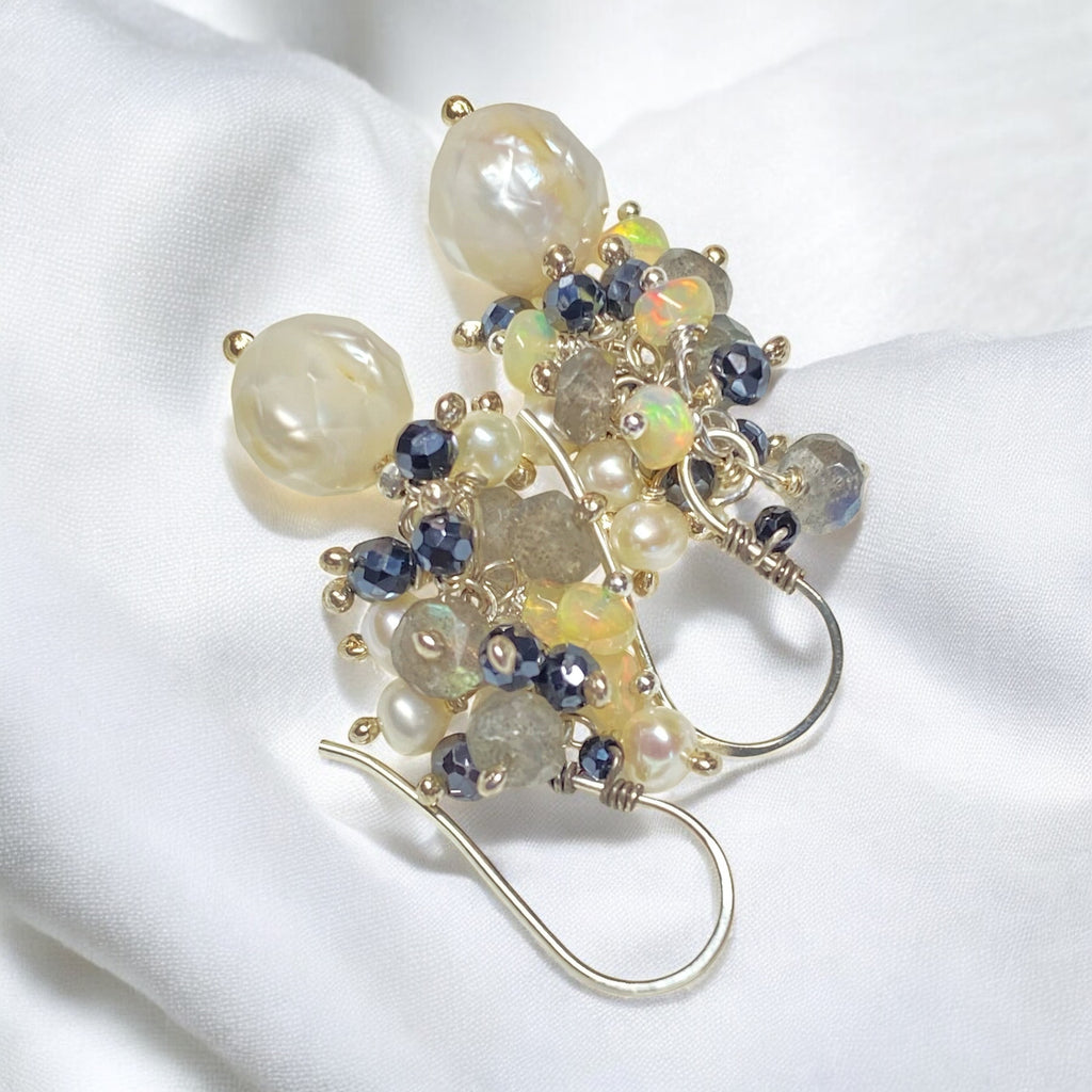 Petite Laser Pearl Cluster Earrings, Black, White, Labradorite, Opals