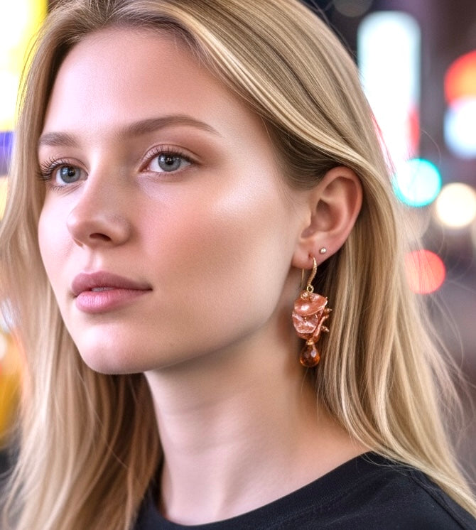 Tourmaline, Sapphire and Coral Keishi Pearl Cluster Earrings Rose Gold