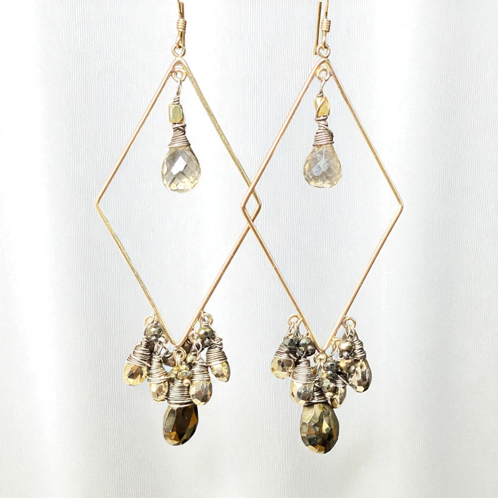 Mixed Metal Statement Hoop Earrings Pyrite Spinel Gemstones Gold Fill