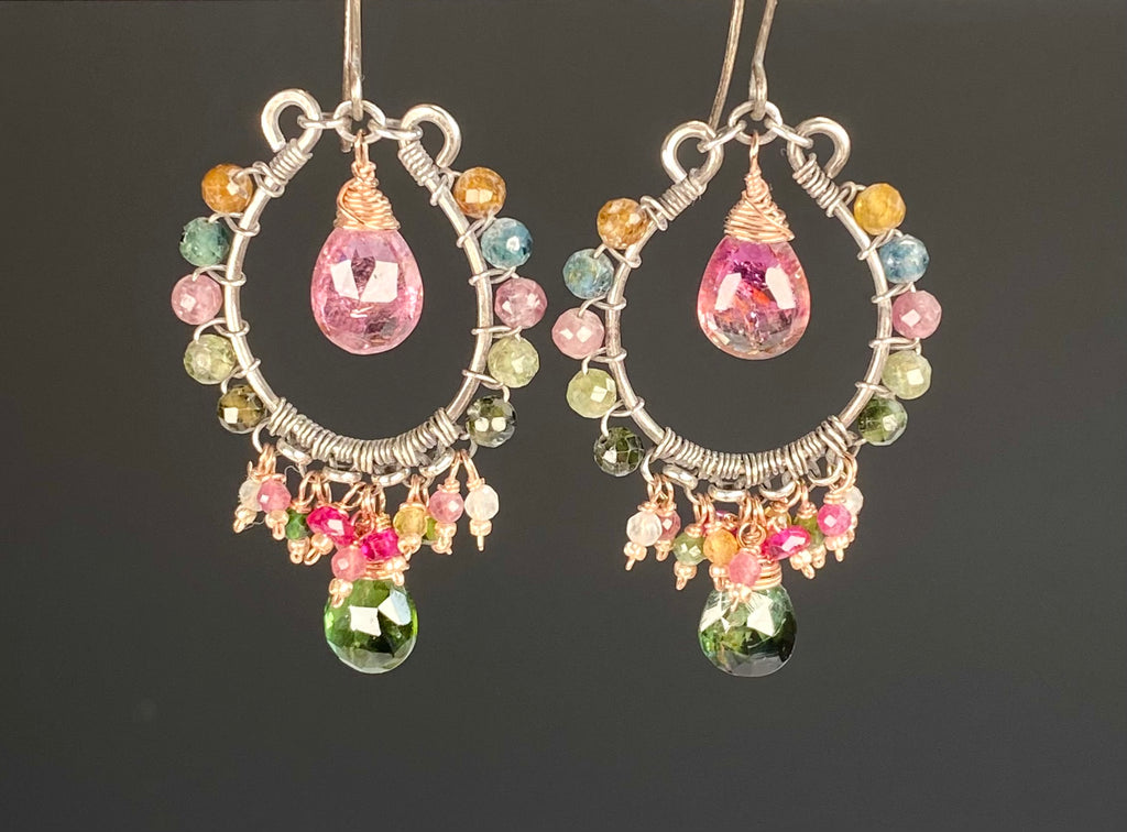 Pink and Green Tourmaline Mixed Metal Hoop Chandelier Earrings - Rose Gold, Oxidized Silver