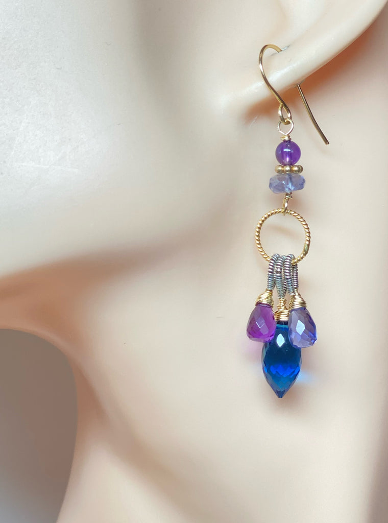 Blue, Purple Chandelier Earrings, Mixed Metals, Iolite, Amethyst, Quartz