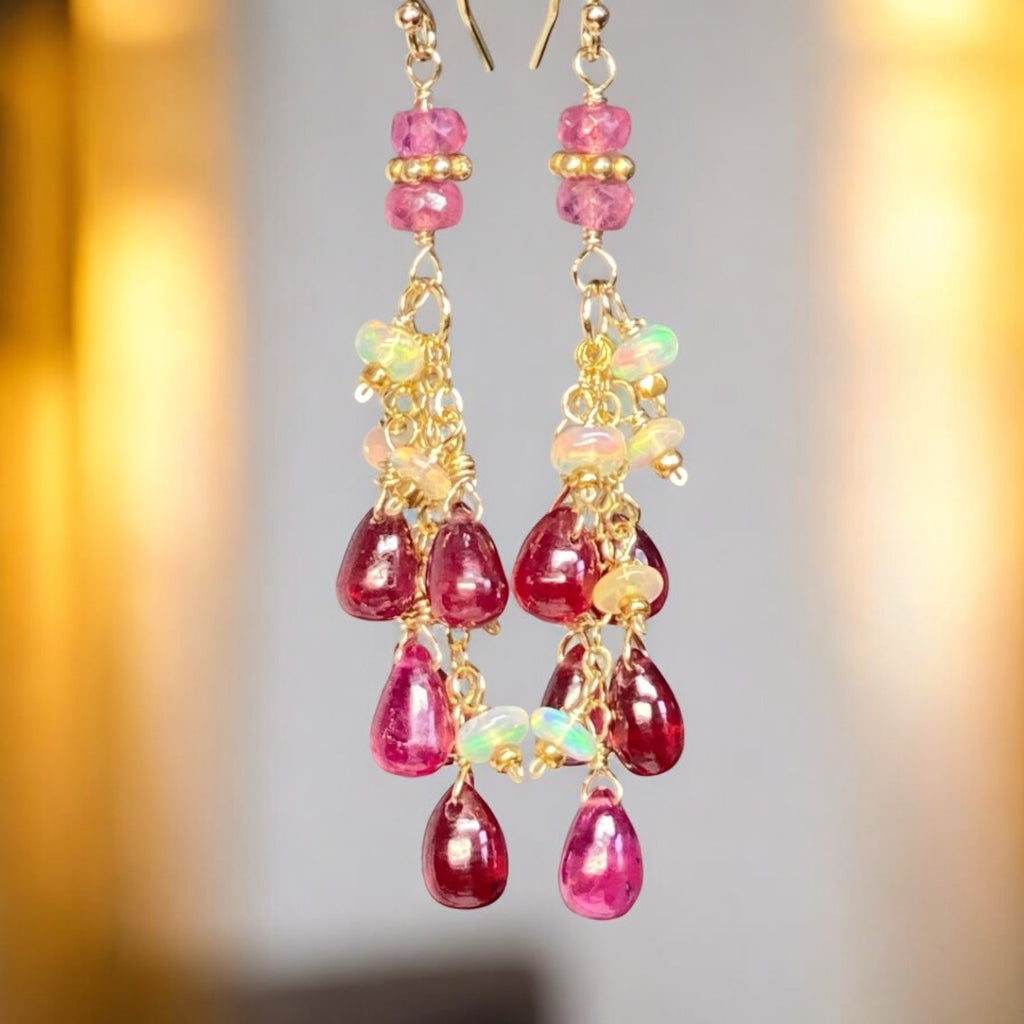 Pink Sapphire and Opal Tassel Earrings, Gold Fill