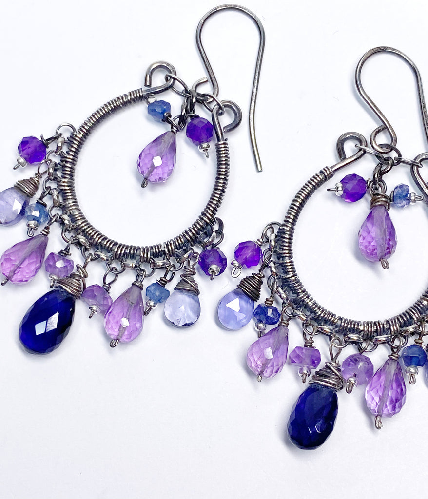 Blue Violet Oxidized Silver Hoop Chandelier Earrings Iolite, Lavender, Purple Amethyst