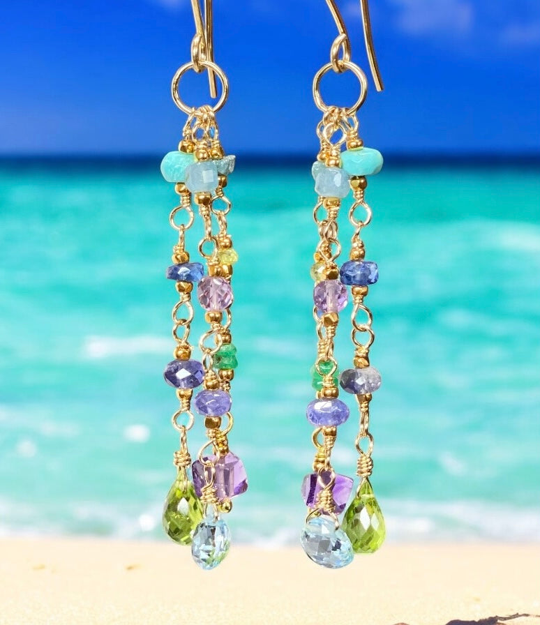 Peridot, Blue Topaz, Amethyst, Multi Gemstone Dangle Earrings