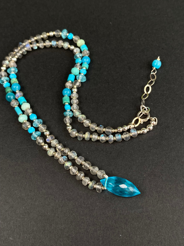 Aqua Turquoise Quartz Silk Knot Pendant Necklace:  Labradorite, Turquoise, Amazonite, Sterling Silver