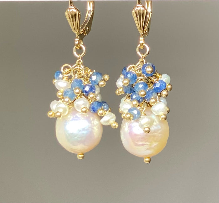 Blue Sapphire and Pearl Cluster Earrings Gold Fill