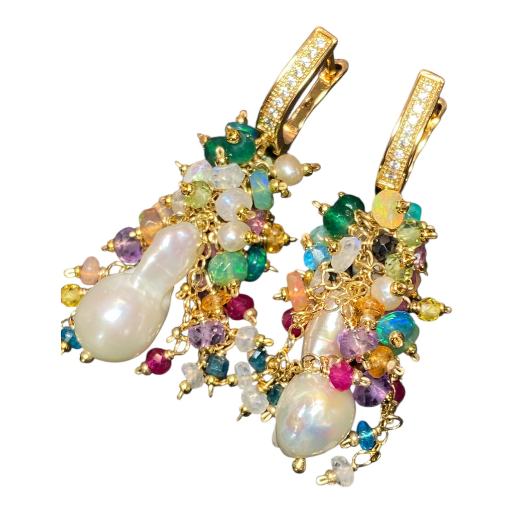 Baroque Flameball Earrings Multi Gemstone Cluster, Gold fill