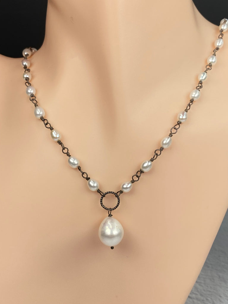 Baroque Pearl Pendant Necklace in Oxidized Sterling Silver