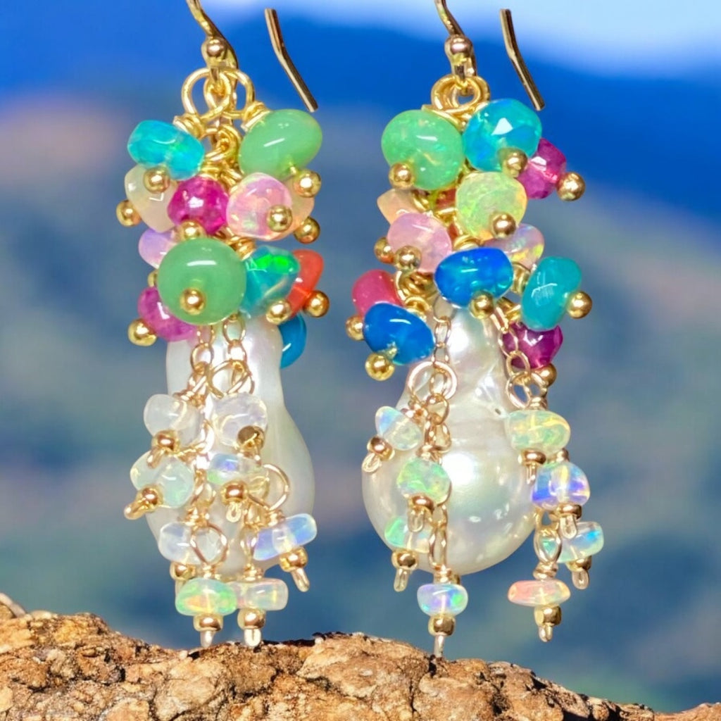 Baroque Flameball Pearl Cluster Earrings Multi-color Opals 4