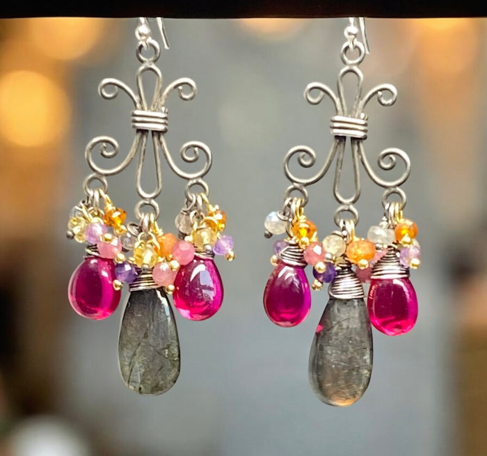 Purple Labradorite and Rubellite Chandelier Earrings in Mixed Metals