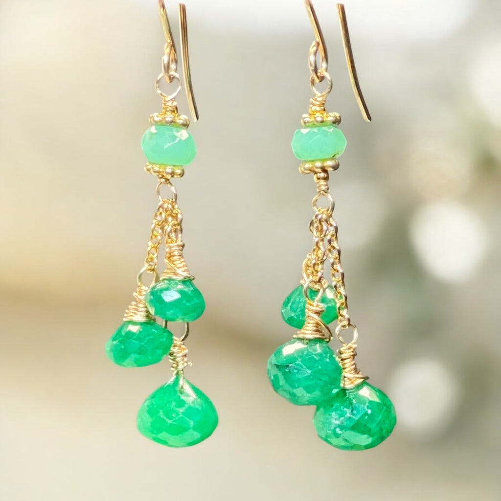 Emerald and Chrysoprase Dangle Earrings in Gold Fill